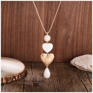 NWT Boho Necklace Adjustable Two-Tone Metallic Heart Imitation Pearl Teardrop